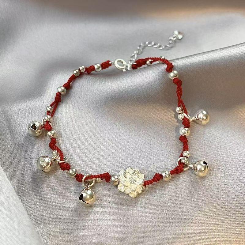 1Pcs Ethnic Trendy Hand Accessories Pulseras Chinese Style Woven Bracelets Red Rope Bell Lotus Flower Bracelets For Women