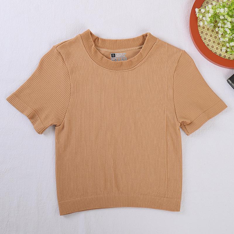 Ribbed Round Neck Yoga Sports Short-Sleeve T-shirt for Autumn/Winter