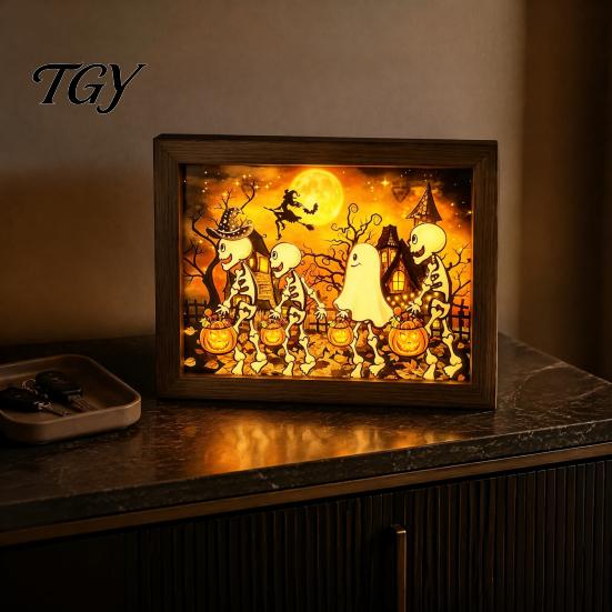 Modern Holiday Home Accents Ghost Photo Frame Lamp, Halloween Lighted Shadow Box, Seasonal Shelf Gothic Skeleton Table Centerpiece for Bedroom Living