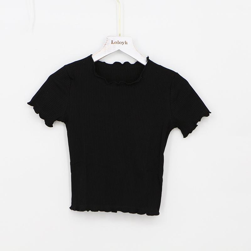 Women s Crew Neck Short Sleeve Crop Tops Slim Fit Ruffle Trim Solid Casual T-Shirts M