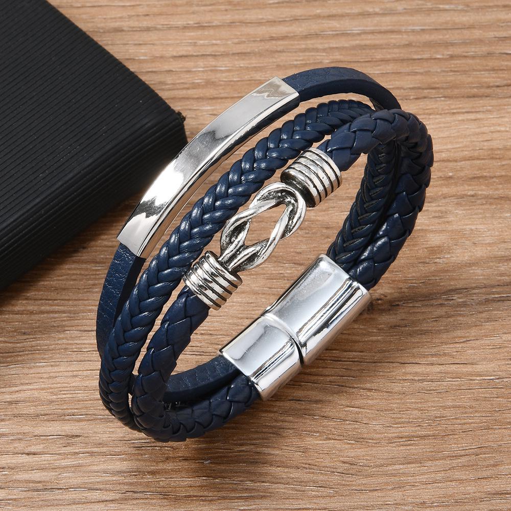 

Xi Yin Мужской плетеный кожаный браслет в ретро-стиле с изогнутой трубкой из нержавеющей стали и узлами темно-синий