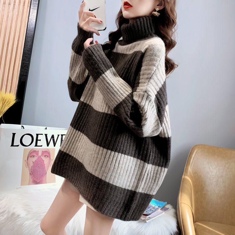 

Women s Korean Style Striped Turtleneck Sweater, Thickened for Autumn and Winter, Loose Knit Top for Inner or Outer Wear S (Recommended below 90 jin)
