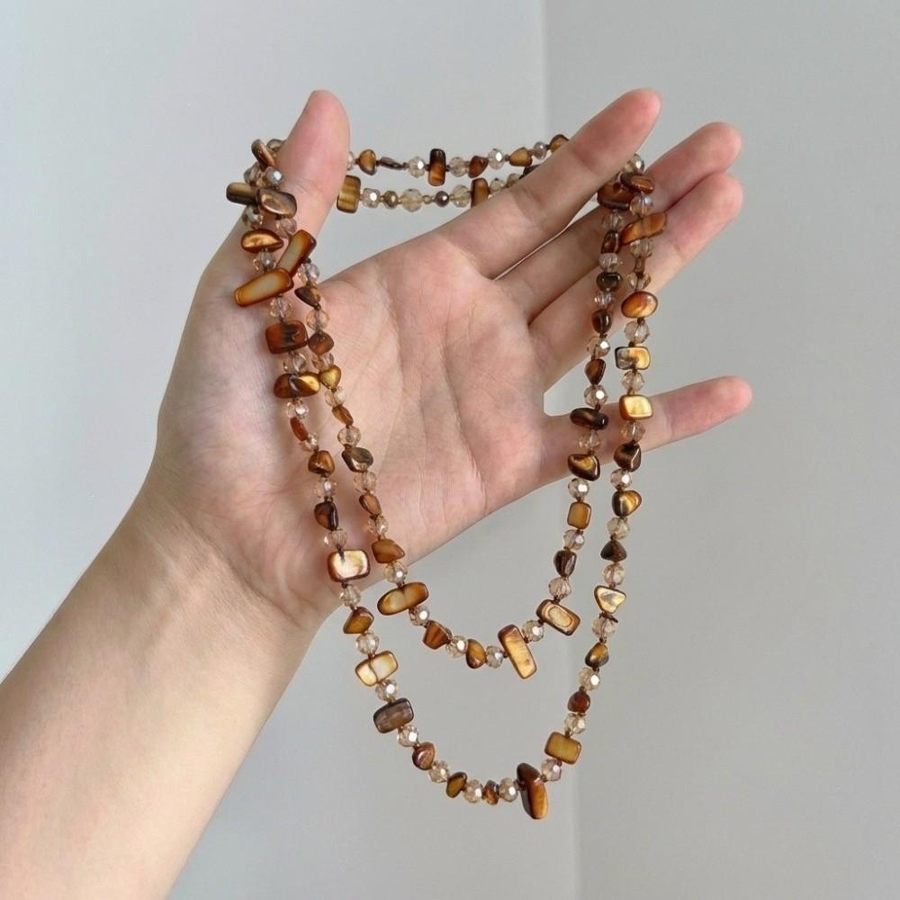 Double Layered Multi-color Natural Stone Necklace Mother-of-pearl-lustre Irregular Geometric Layered Stone Strand Hand Knotted