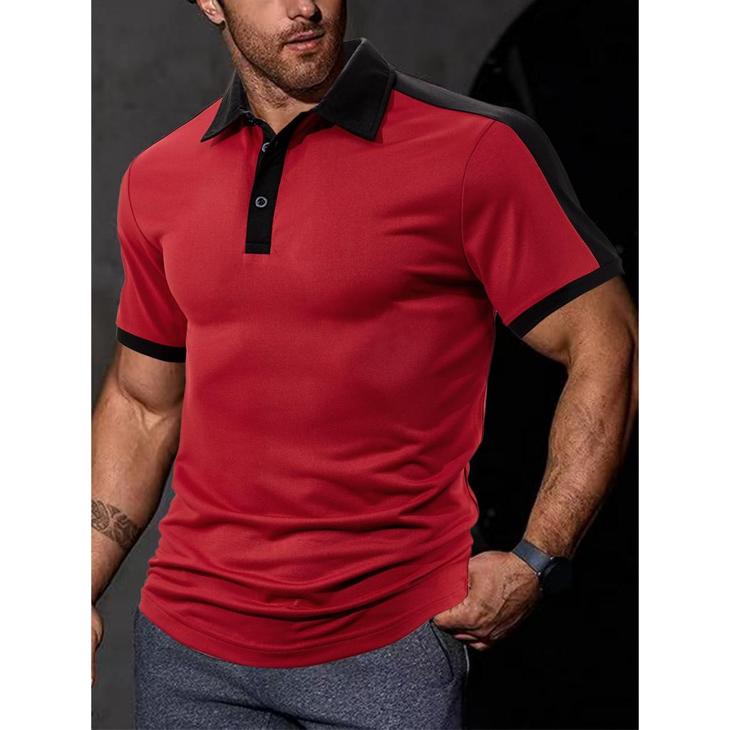 Men's Casual Sporty Color-blocked Shirt, Men's Lapel Short-sleeved T-shirt Top
