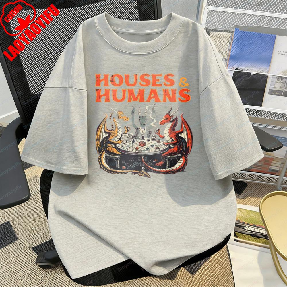 

Dragons Playing Chess Houses and Humans Tee Fantasy Gamer Casual Cotton Shirt Trendy Cute Fashion Tops Mens Clothing Camisetas 4XL