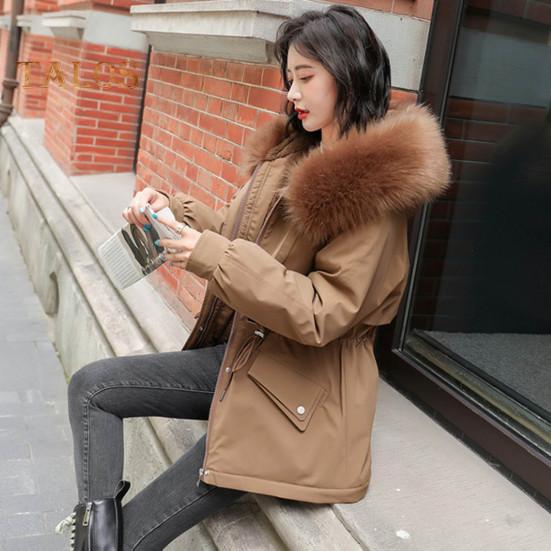 Women Padded Jacket Thickened Plush Lined Coat with Drawstring Waist Winter Warm Puffer Jacket with Faux Fur Hood for Work Streetwear