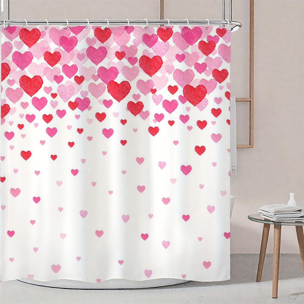 Valentine'S Day Heart Shower Curtain Pink Red Gradient Pattern Waterproof Polyester Bath Curtain With Hooks For Bathroom Decor