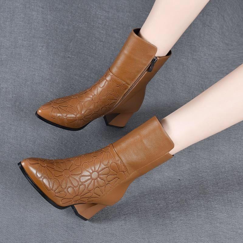 Women Ankle Boots Fashion Short Soft Leather High Heel Ladies Shoes Side Zipper for Women