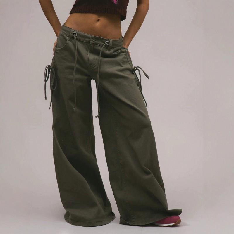 Womens Quick Dry Cargo Pants Loose Straight Low Waist Drawstring Casual Trousers Street Style