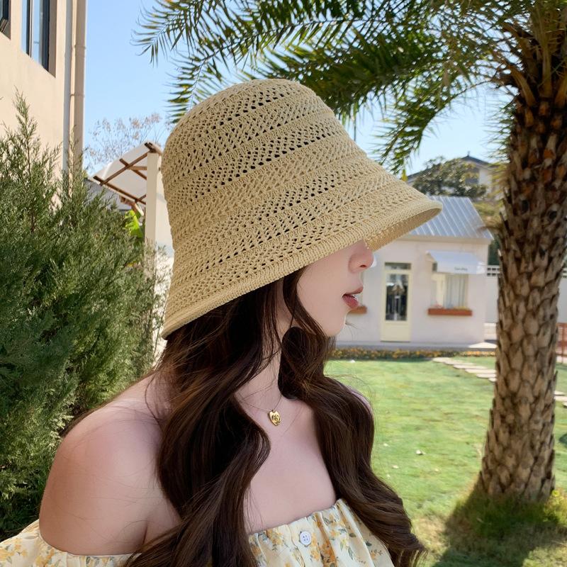 Hat Women's Summer Sunscreen Knitted Bucket Hat Small Brim Fisherman Thin Hollow Ultra Light Leisure Basin Hat Versatile