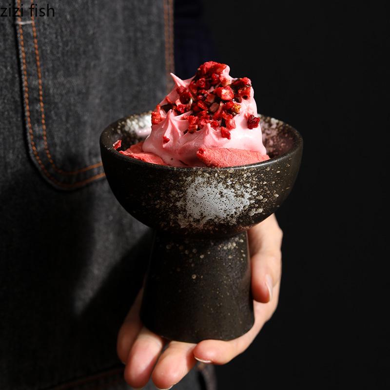 Hohe Keramikschale auf Fuß, Dessert-Eisbecher, Obstsalat-Suppen-Servierschale für Haushaltsgeschirr
