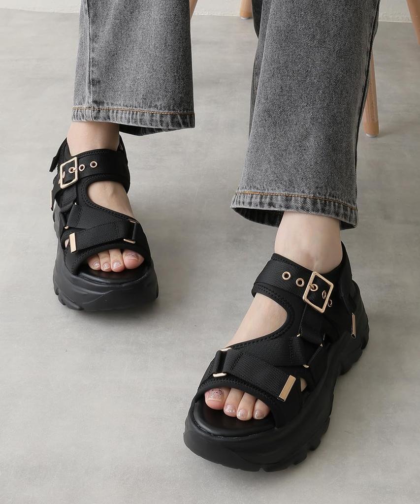 DMTR Velcro Buckle Sports Sandals Women's Thick-Soled (dm1849-L25) (Black/Black, L)