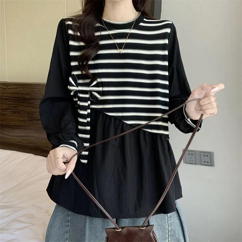 

Unique and Beautiful Striped Long-sleeved Shirt for Women New Autumn Large Size Premium Top 2XL чорний