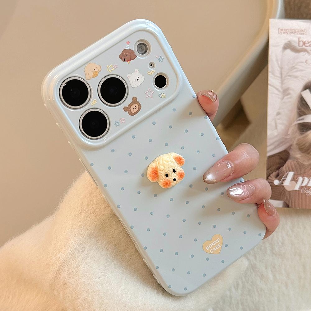 3D Cartoon Puppy Korean Polka Dots Soft Phone Cases for iPhone 17promax 17pro 17 16 15 14 13 Pro Max Shockproof Protective Cover