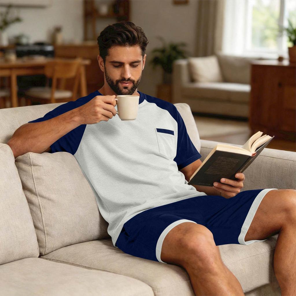 Herren Sommer-Pyjama-Set Kurzarm-Oberteil mit Tasche und passender Hose Leichte atmungsaktive Nachtwäsche Loungewear