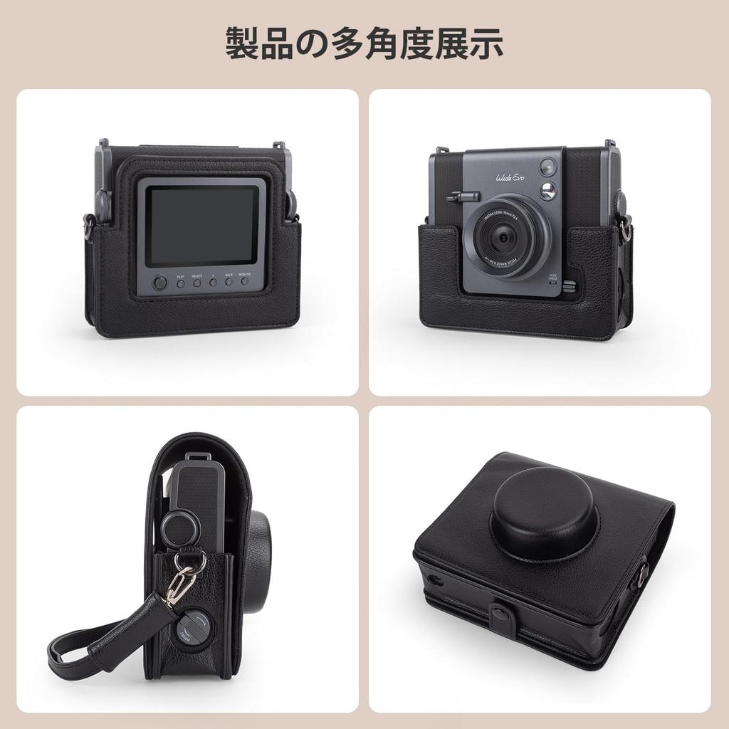 kinokoo Instax Wide Evo Case, Protective Bag for Fuji Instax Wide Evo, PU Leather with Adjustable Shoulder Strap and Storage Pocket (Black)