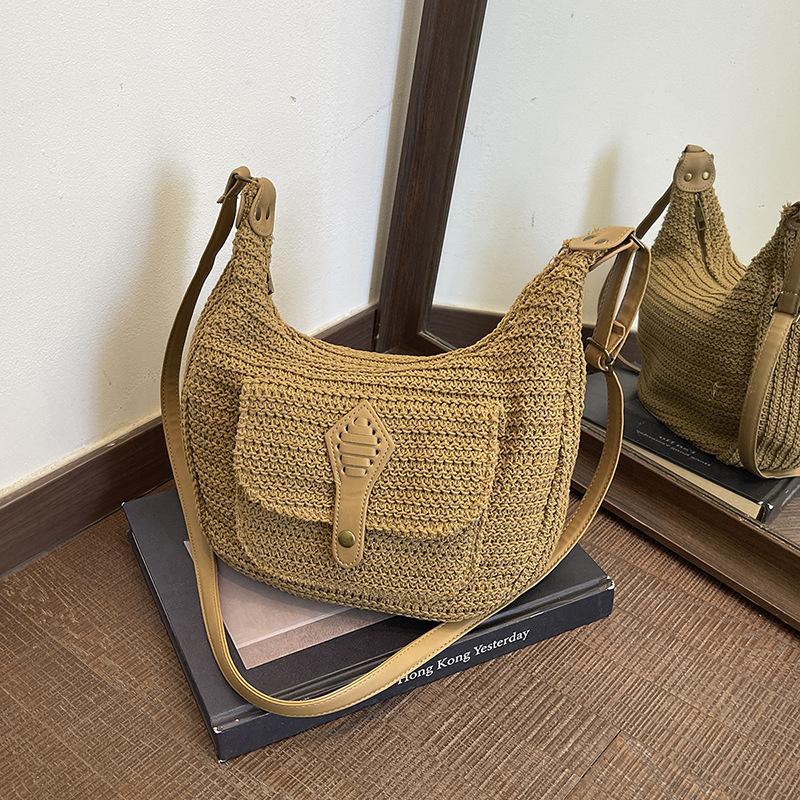 Grote Capaciteit Geweven Dames Tas, Reistas, Crossbody Tas, Strandstijl Knoopvormige Tas