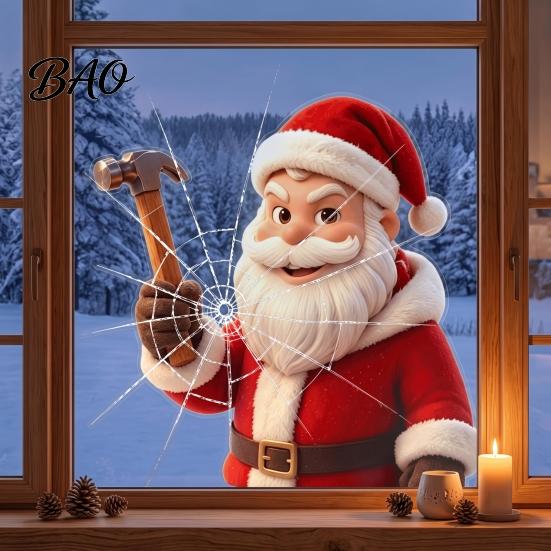 Static Cling Decals Christmas Santa Claus Glass Sticker, Removable Window Reusable PVC Party Supplies Clings for Living Room Bedroom Holiday