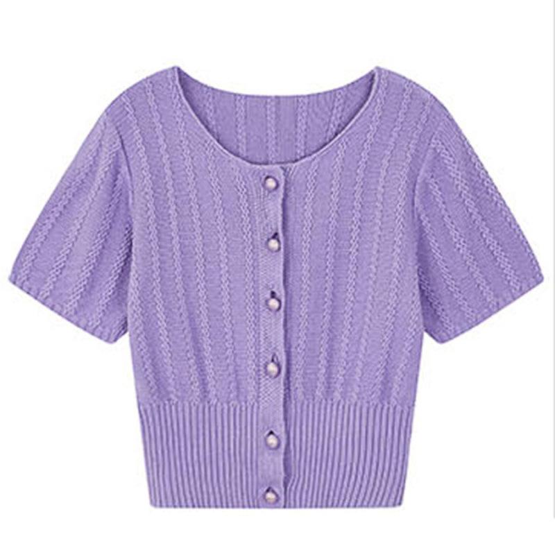 Beautiful Purple Blouse Tide Short-sleeved Cardigan Summer Outside The Short Section Slim T-shirt Knit Shirt Tops Female Casual Pullovers Tees