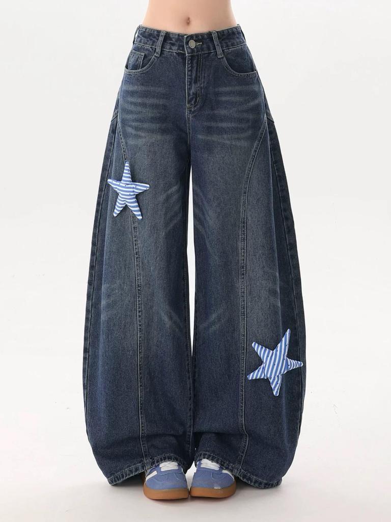Women's Wide-Leg 3D Star Jeans – Loose, Floor-Length for Spring 2026