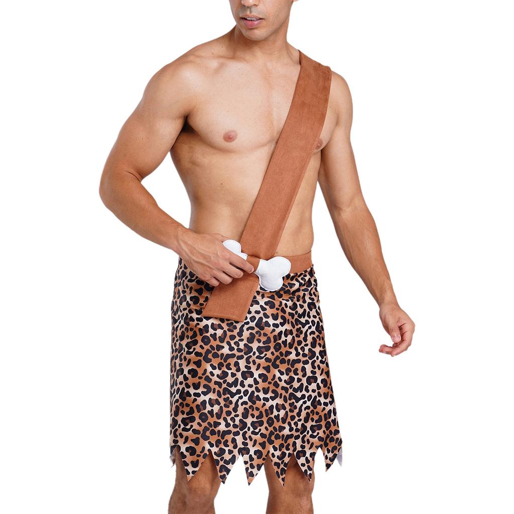 Men Caveman Halloween Costume One Shoulder Strap Leopard Print Skirt with Stuffed Bone Waist Decor and Irregular Trim for Party Night