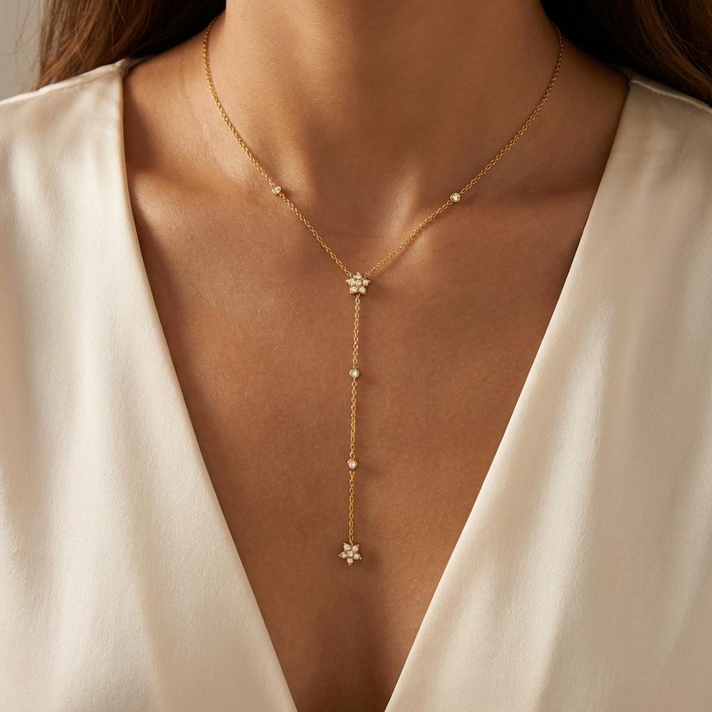 Stainless Steel Gold Color Zircon Flower Long Chain Drop Necklaces for Women Simple Metal Tassel Choker Party Aesthetics Jewelry