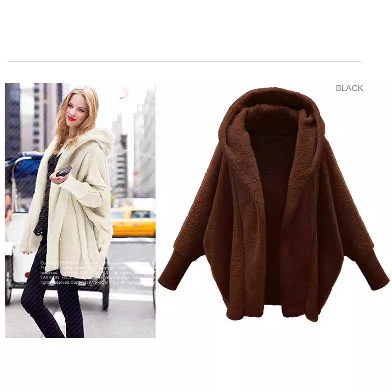 Autumn and Winter Women's Solid Color Long-sleeved Hooded Loose Plush Jacket Women