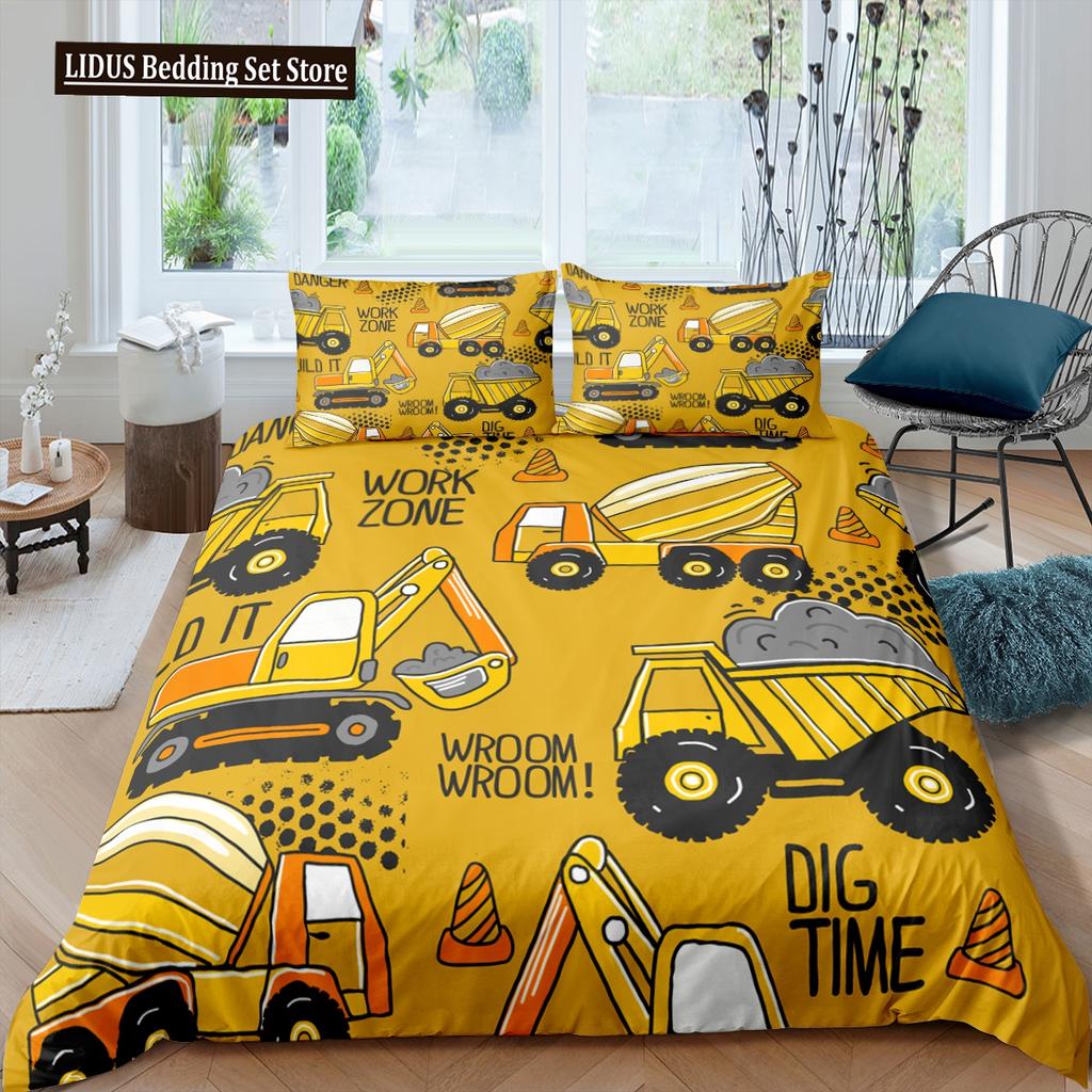 Cartoon Feuerwehrauto King Queen Bettwäscheset für Jungen Kinder Betonmischer Bettbezug Traktor Kran Bagger Polyester Quiltbezug