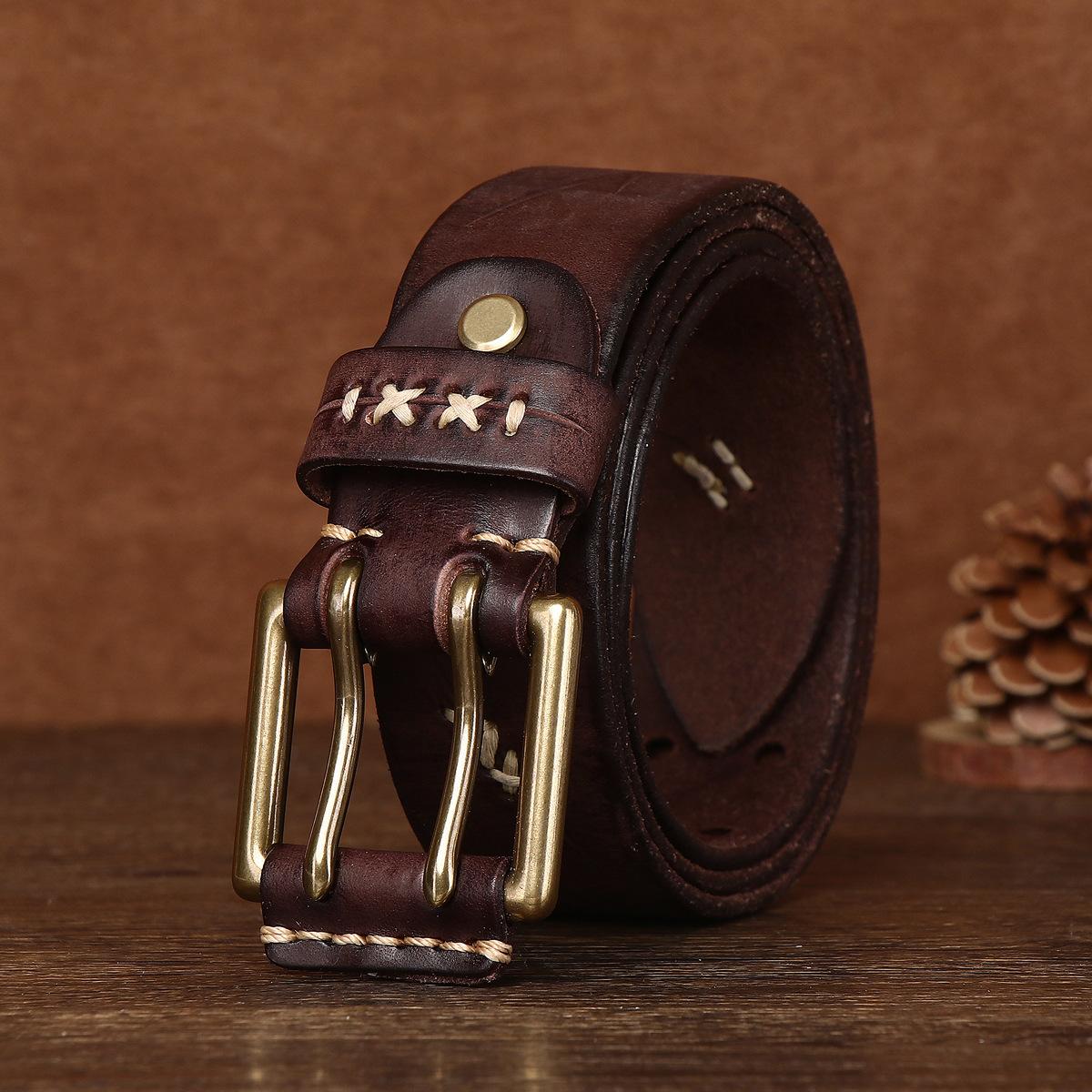 

Мужской ремень из натуральной кожи в стиле ретро с персонализированной медной пряжкой, ремень из коровьей кожи первого слоя 120cm темно-коричневого