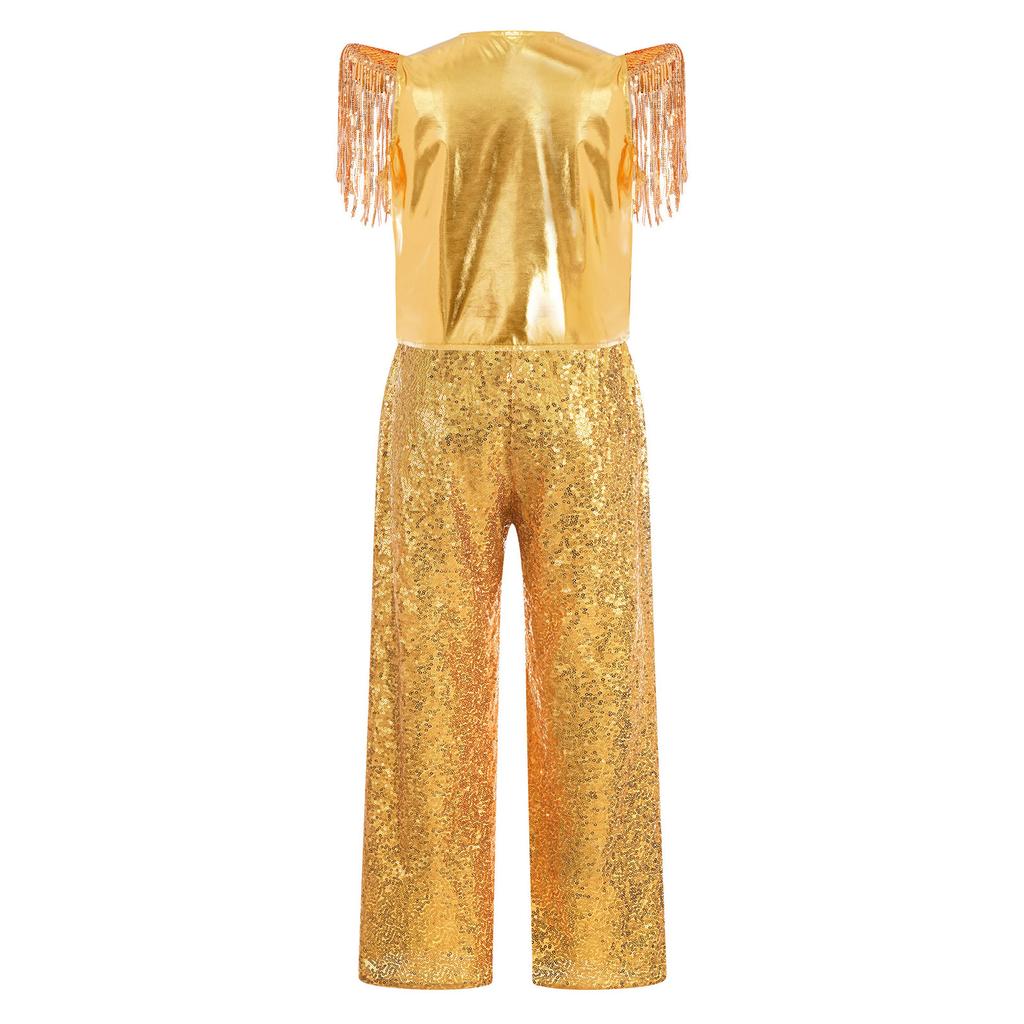 Kids Jazz Dance Costume Set Sequin Embellished Cap Sleeve V Neck Asymmetrical Hem Zip Vest with Elastic Waist Pants for Stage Competition