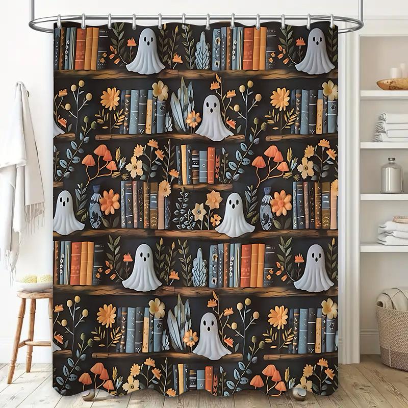 Spooky Halloween Shower Curtain With Ghost And Bookshelf Design - Perfect For A Fun And Festive Bathroom Decor Easy-Clean