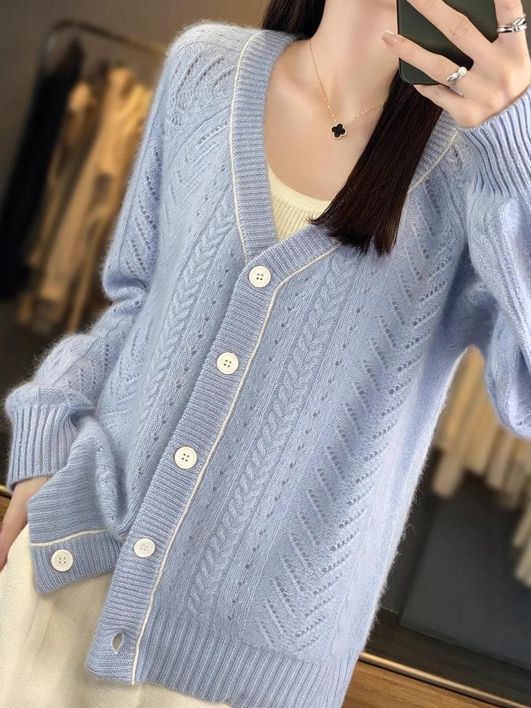 Damen Strickjacke aus Wolle mit hohlem V-Ausschnitt - Herbst/Winter Langarm Kaschmirpullover