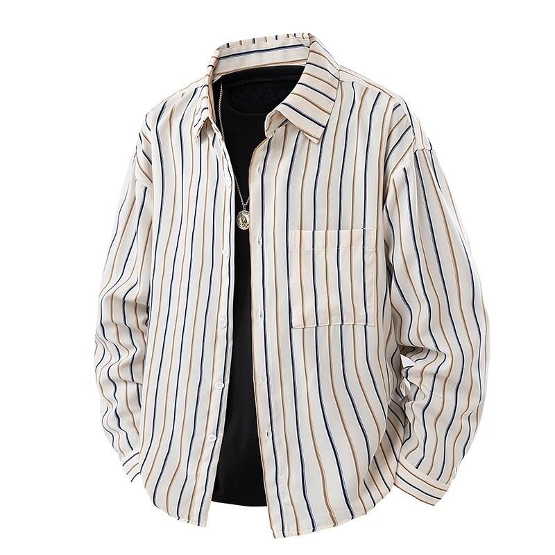 Men's Striped Shirt Commuting Long Sleeve Casual Top Lapel Cardigan Top