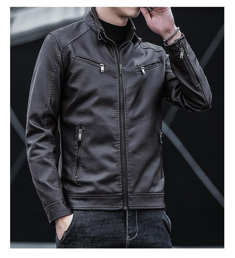 NOMSOCR Leather Biker PU Plus Men's Jacket, Outerwear, Blouson, Leather, Stand-Up Collar, Windproof, Simple, Sizes, Spring/Autumn (XL, Black)