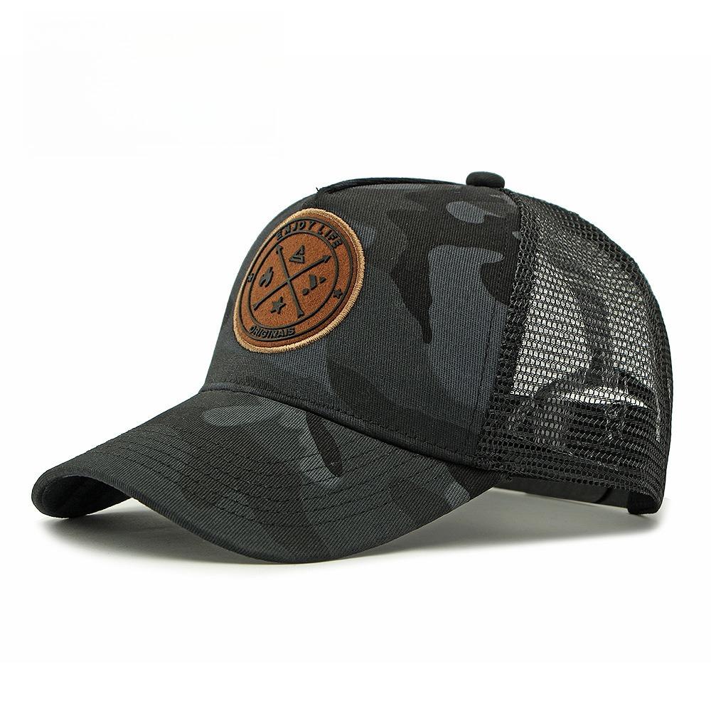 Unisex Camo Trucker Hat Leather Patch Structured Mesh Back Baseball Cap Breathable Sun Protection Outdoor Sports Peaked Cap adjustable