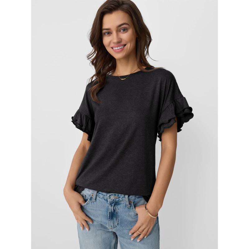 Spring and Summer New Solid Color Round Neck Ruffle Sleeve Short-sleeved T-shirt Top