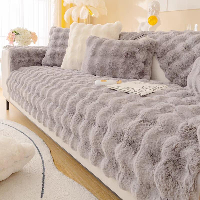 Winter Thickened Stroking Cats Warm Sofa Cushion  Rabbit Plush Sofa Cover Solid Color Non-Slip Seat Cushion