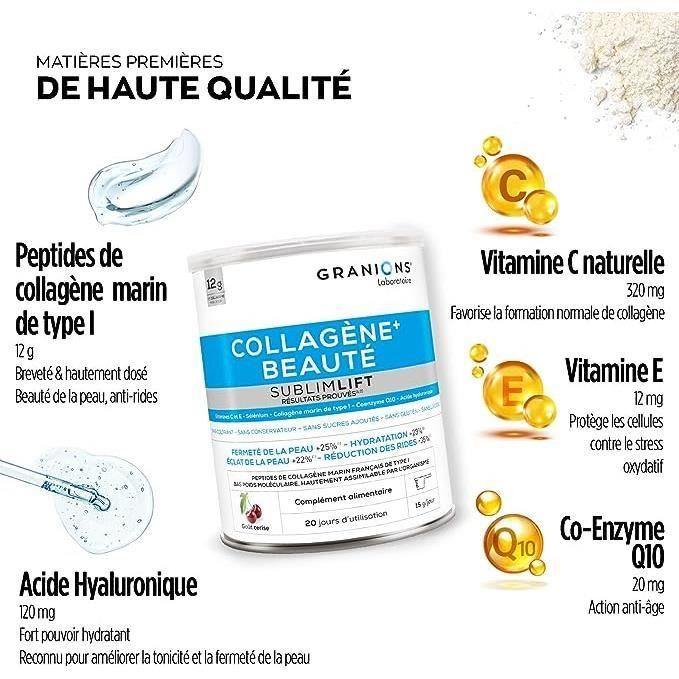Collagène+ Beauté Sublimlift GRANIONS | Meereskollagen | Hyaluronsäure + Vitamin C, E + Coenzym Q10 | Pulver 300g | Hergestellt in FR
