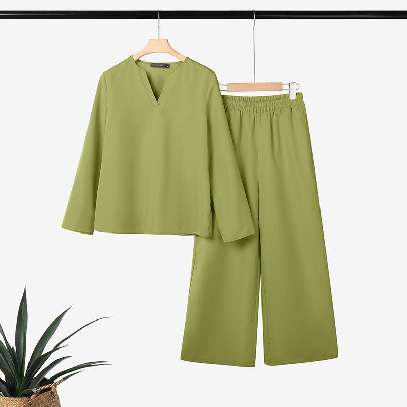 

ZANZEA Женская блузка с длинным рукавом и брюки повседневный комплект из двух частей 2XL зелёный