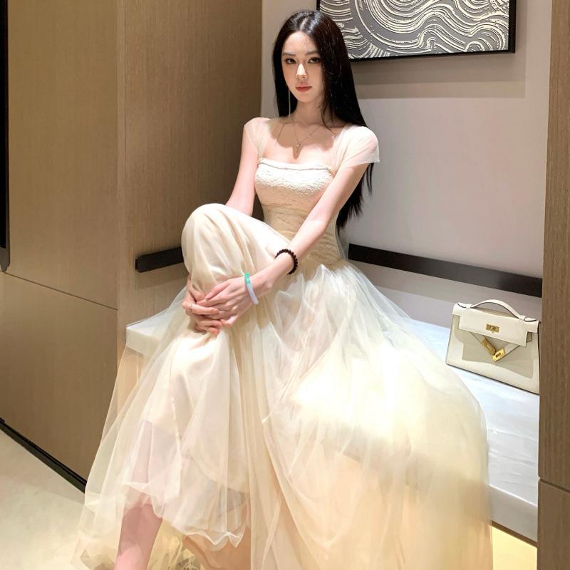 French Temperament Mesh Tube Top Neck Dress Women's Summer Seaside Vacation Style Waist Birthday Dress Long Dress