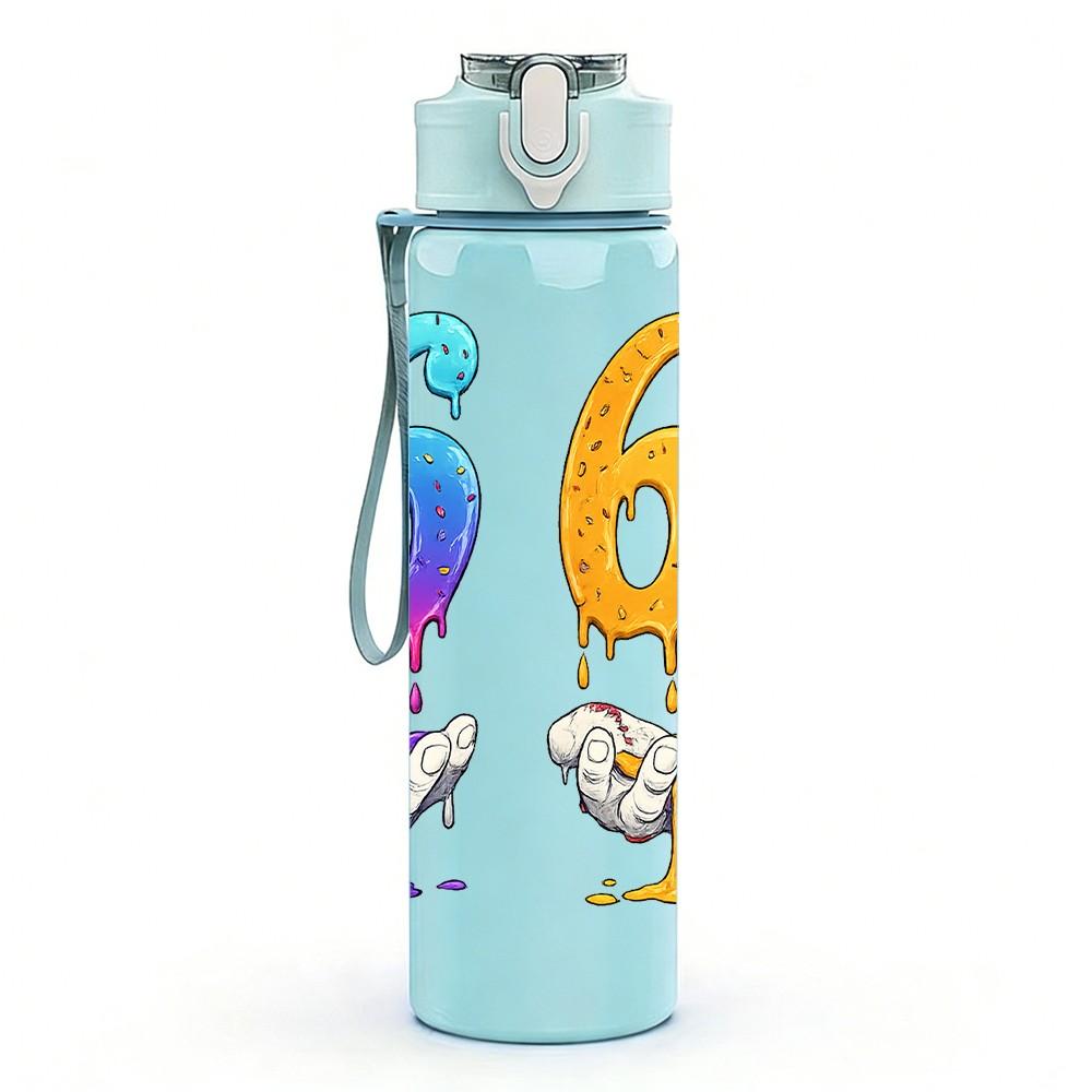 1PC 66 67 Drip Graffiti Number Print 750ml Color Plastic Sports Water Bottle Leakproof Flip Straw Lid Suitable for Sports Office Home Use