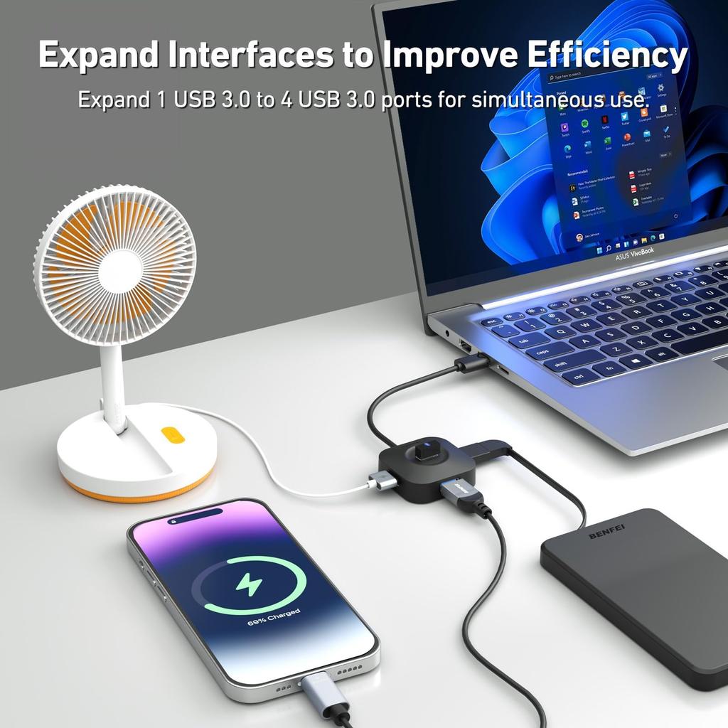 BENFEI USB Hub 4 Port USB A Splitter Is and Allows You To Connect Your Flash USB Flash and Is Compatible with Desktop and 3.0 Ultra-compact Mouse,