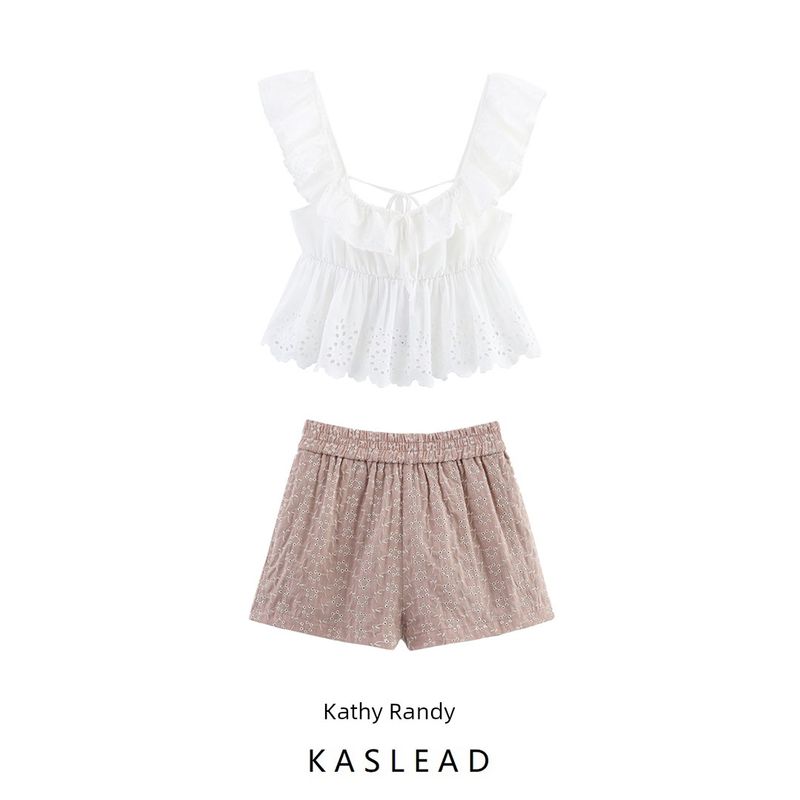 Kaslead New Women clothes Western Style Hollow Embroidery Laminated Top Shorts 0666099 8073286
