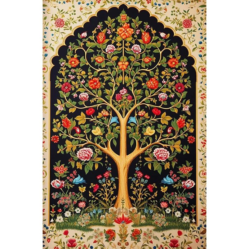 Vintage Indian Folk Art Tree of Life Lotus Floral Canvas Painting  Persian Pattern Wall Decor Poster for Home Room