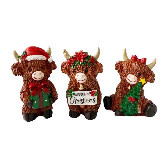 3Pcs Highland Cow Figurines Christmas Decor Resin Calf Animal Statue for Home Garden Office Rustic Farmhouse Tabletop Decoration