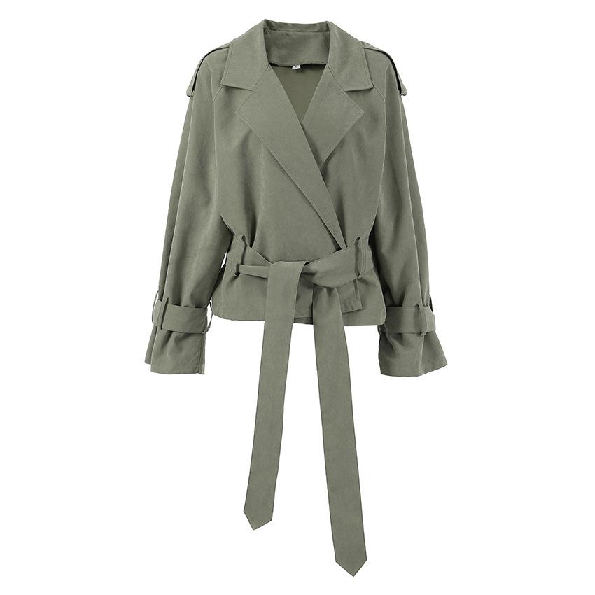 Light Gray Green Short Trench Coat with Belt and Stand Collar