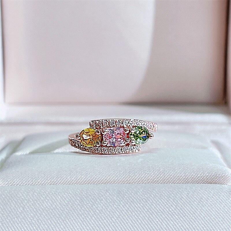 POMOiii Damenring mit buntem, rundem Zirkon, edler Schmuck, Geschenk, offene Größe, Hochzeit, Verlobungsgeschenk