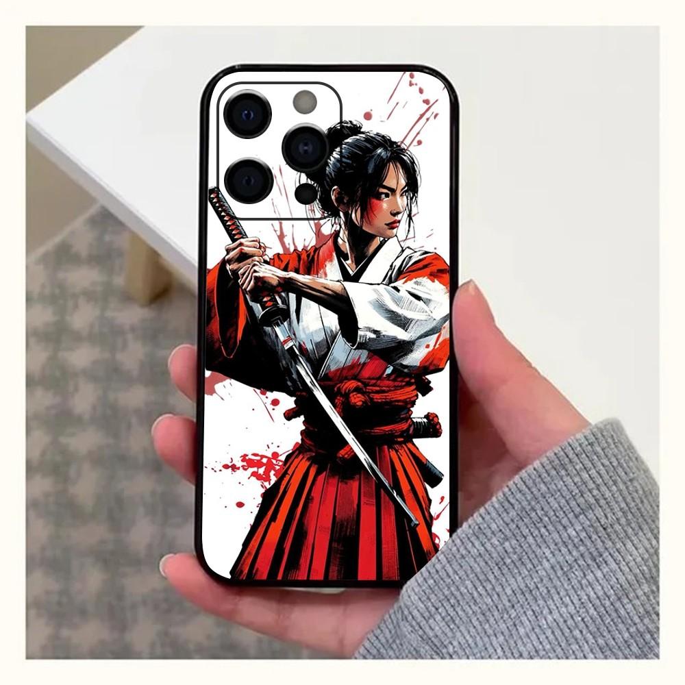 Samurai Warrior Geisha Phone Case For Apple iPhone 15,14,13,12,11,Pro,X,XS,Max,XR,Plus,Mini Soft  black shell