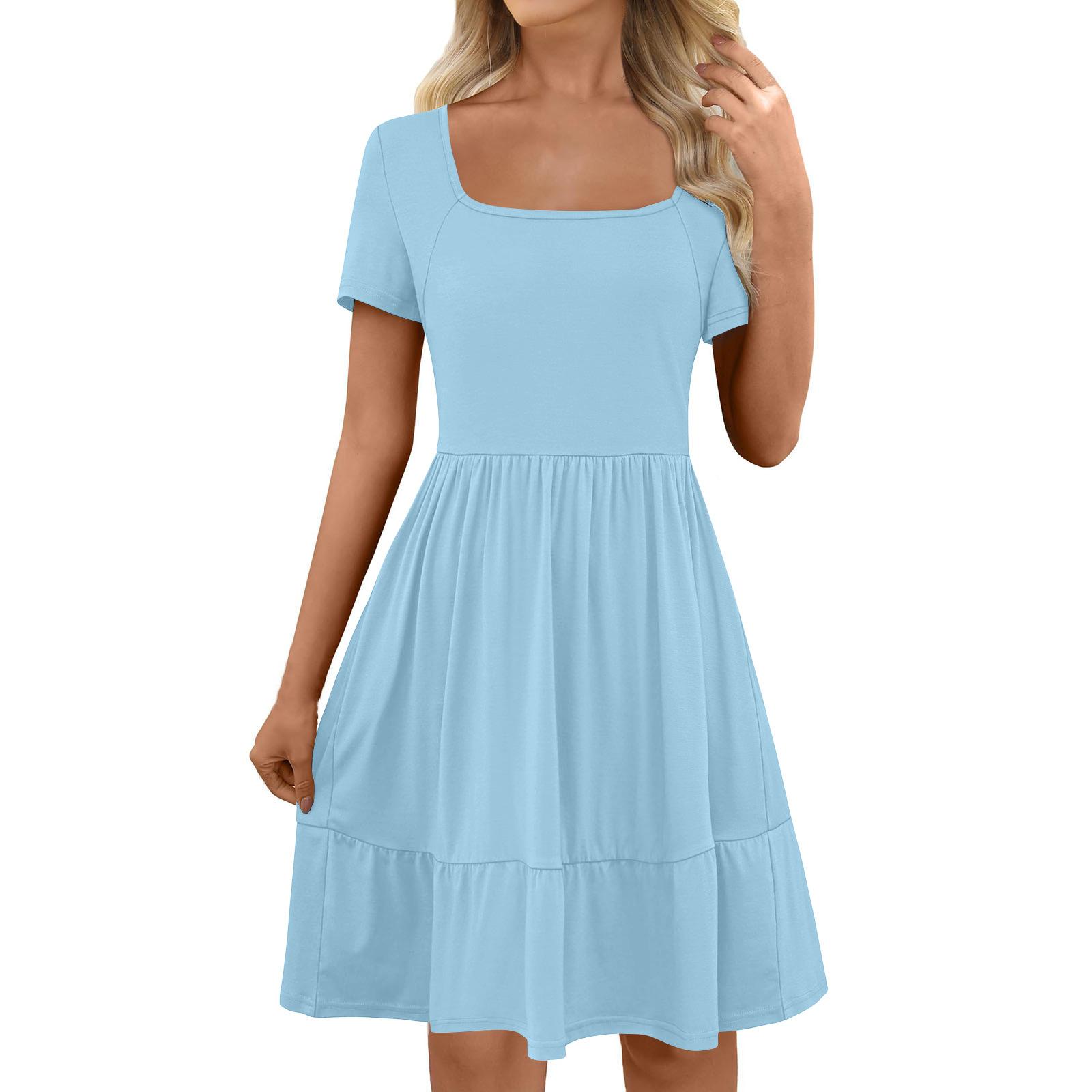 Women s Short Sleeve Square Collar Black Earrings Sexy Short Dress S светло-синий