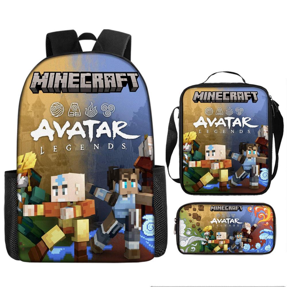 Minecraft Cartoon Print Backpack Set 3-Piece Student School Bag Water-Resistant Large Capacity Unisex